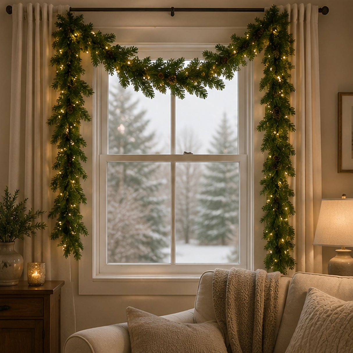 Pre-Lit Cedar Garland with Pinecones & Warm White LED Lights, Plug-In