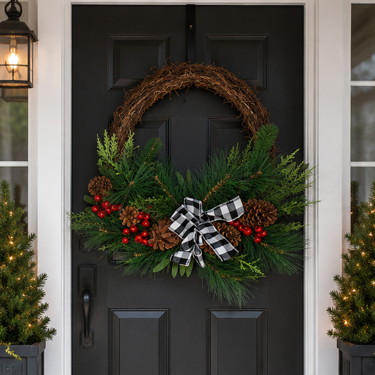 24in Mixed Pine Christmas Wreath with Berries, Pinecones & Plaid Bow