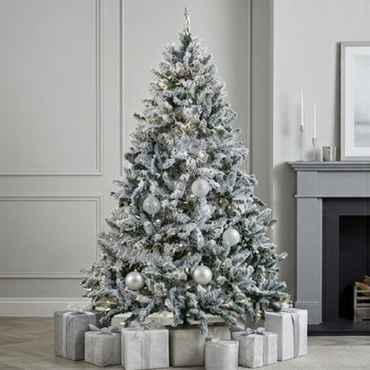 9ft Pre-Lit Snowy Hudson Flocked Christmas Tree with Warm White LED Lights