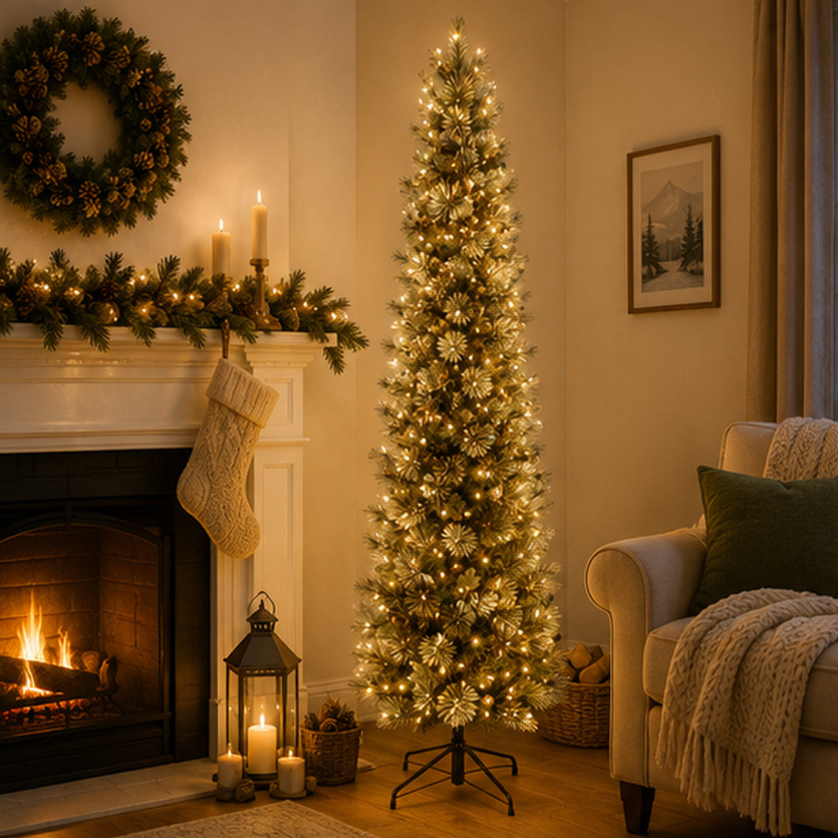 10ft Pre-Lit Carolina Pine Slim Artificial Christmas Tree with Clear Lights