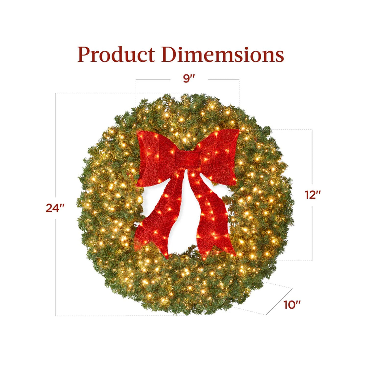 Pre Lit Artificial Fir Christmas Wreath with Red Bow LED Lights