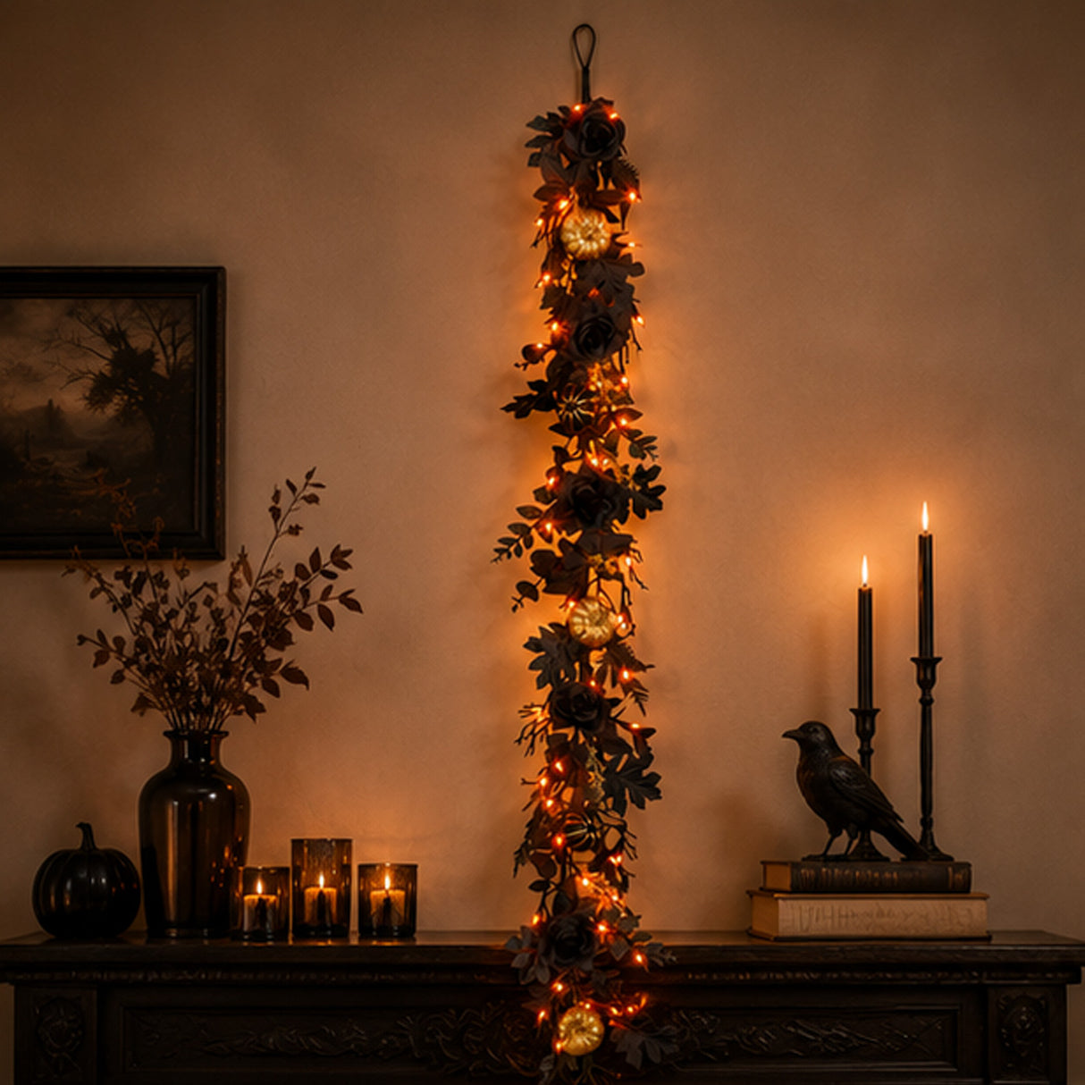 6FT Black & Gold Halloween Garland with 50 Orange LED Lights