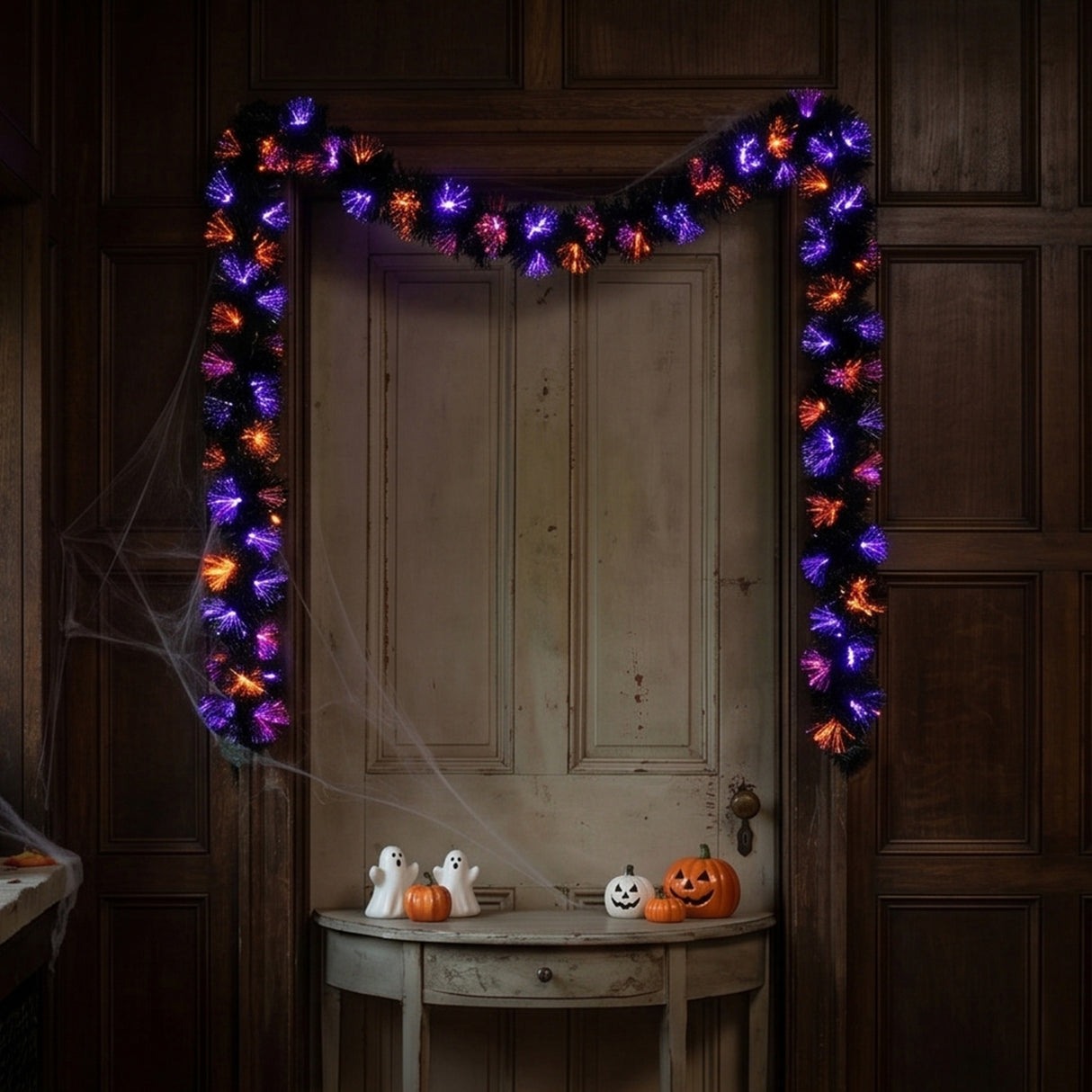 9 ft. Halloween Black Fiber Optic Garland with Purple and Orange Lights Plug-In