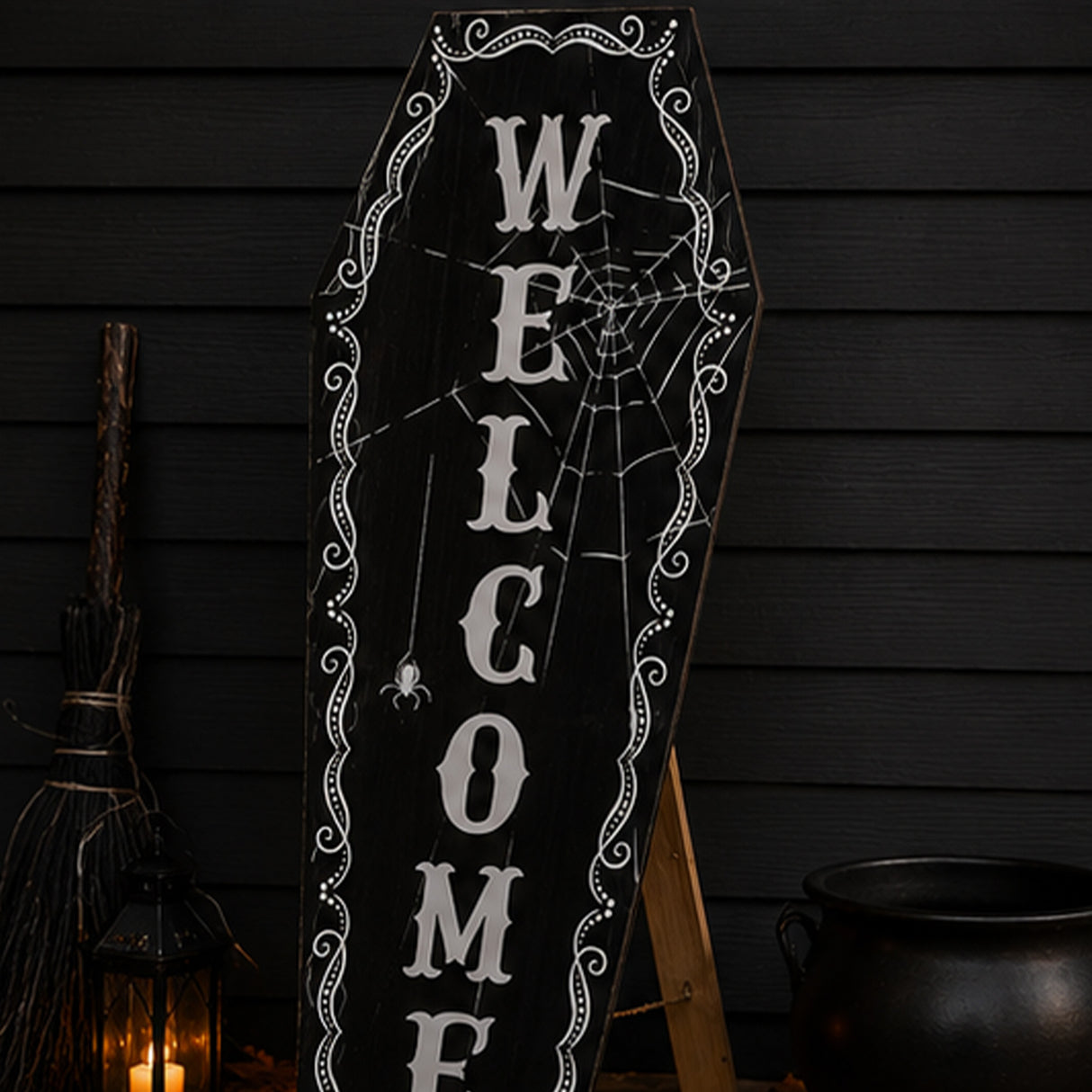 28 in. Halloween Black Coffin “Welcome” Standup Sign Decoration