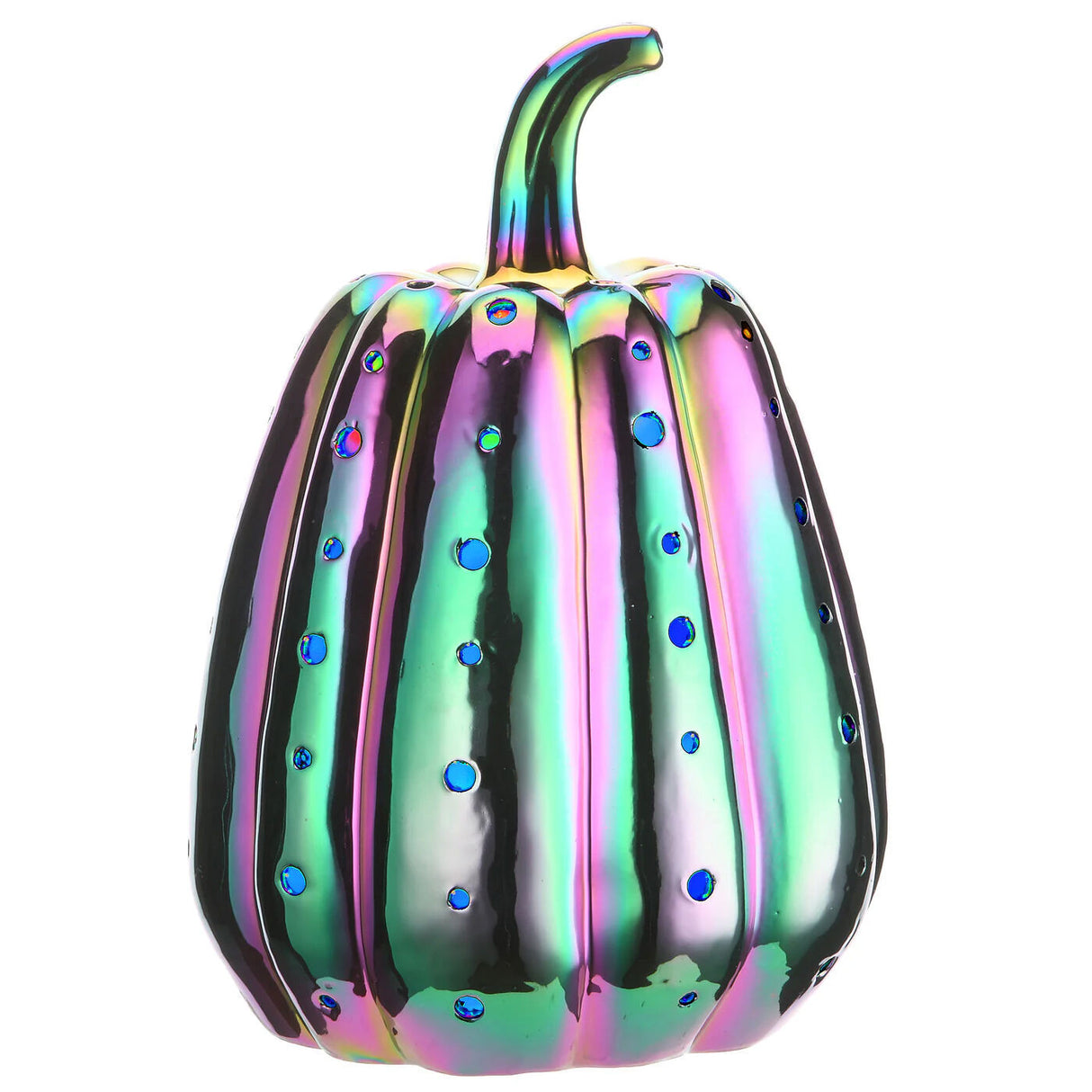 14 in Iridescent Purple Ceramic Pumpkin with Multi Color LED Lights