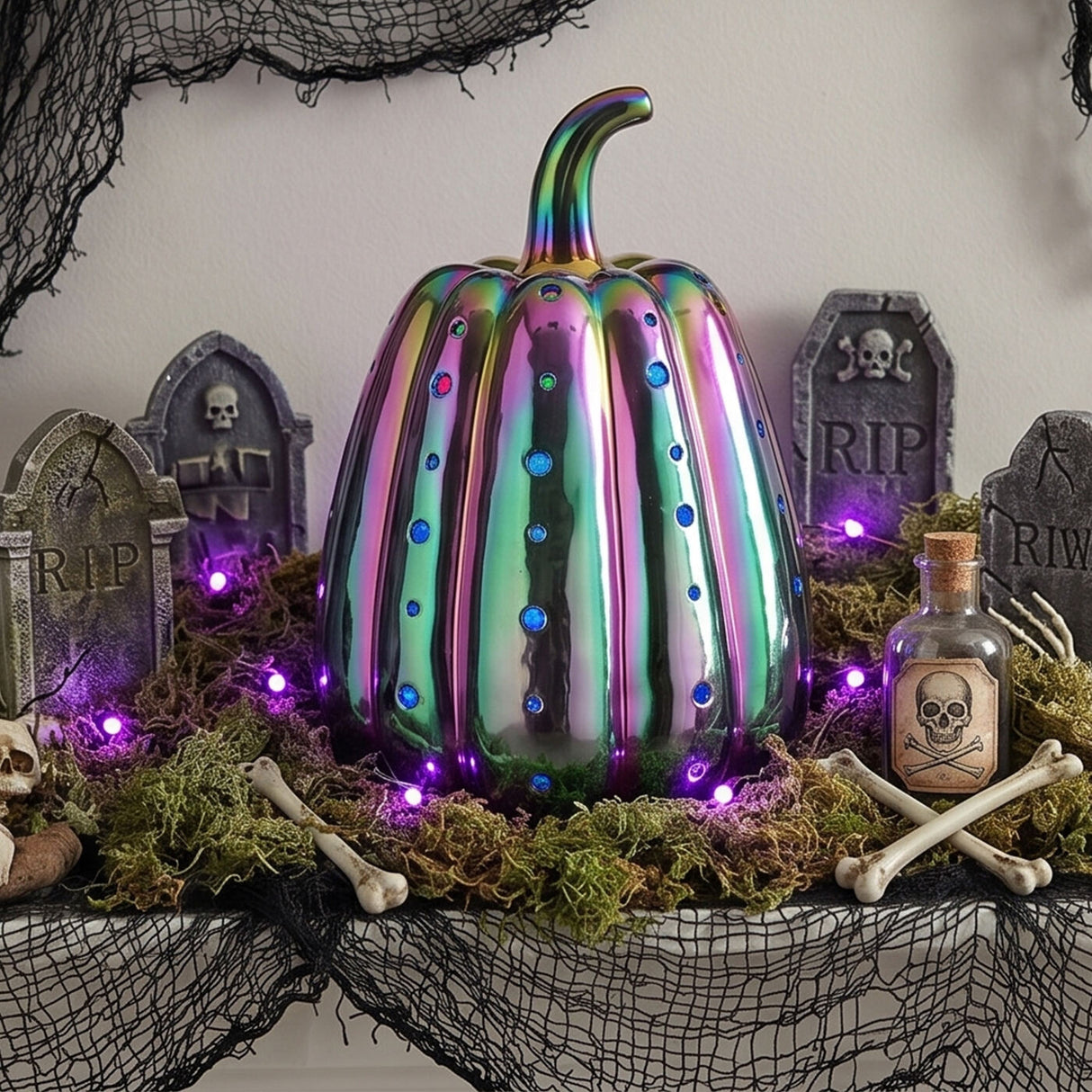14 in Iridescent Purple Ceramic Pumpkin with Multi Color LED Lights