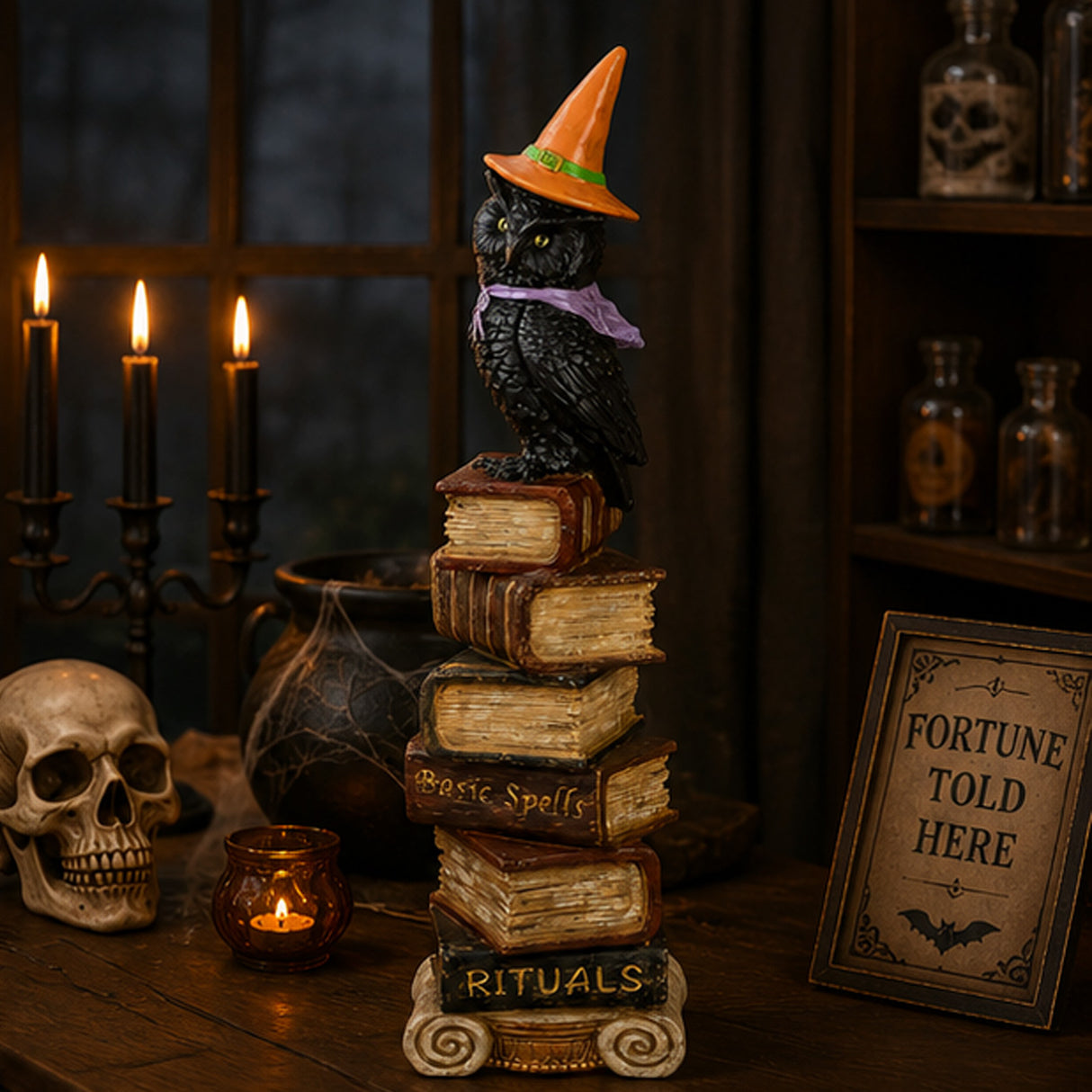 32IN Halloween Owl on Stacked Books Tabletop Centerpiece Decor