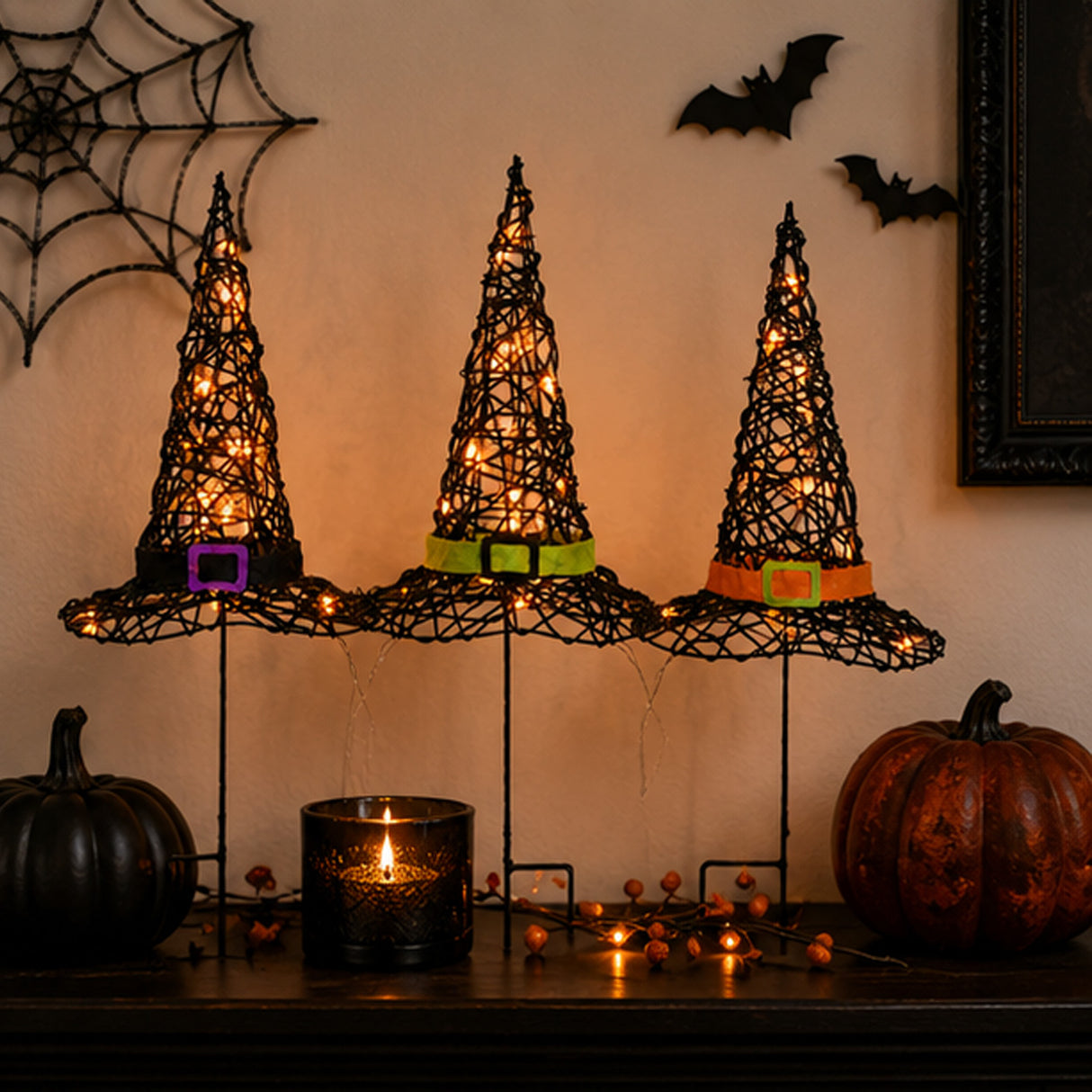 23IN Pre-Lit Black Witch Hat Garden Stakes Halloween Decor