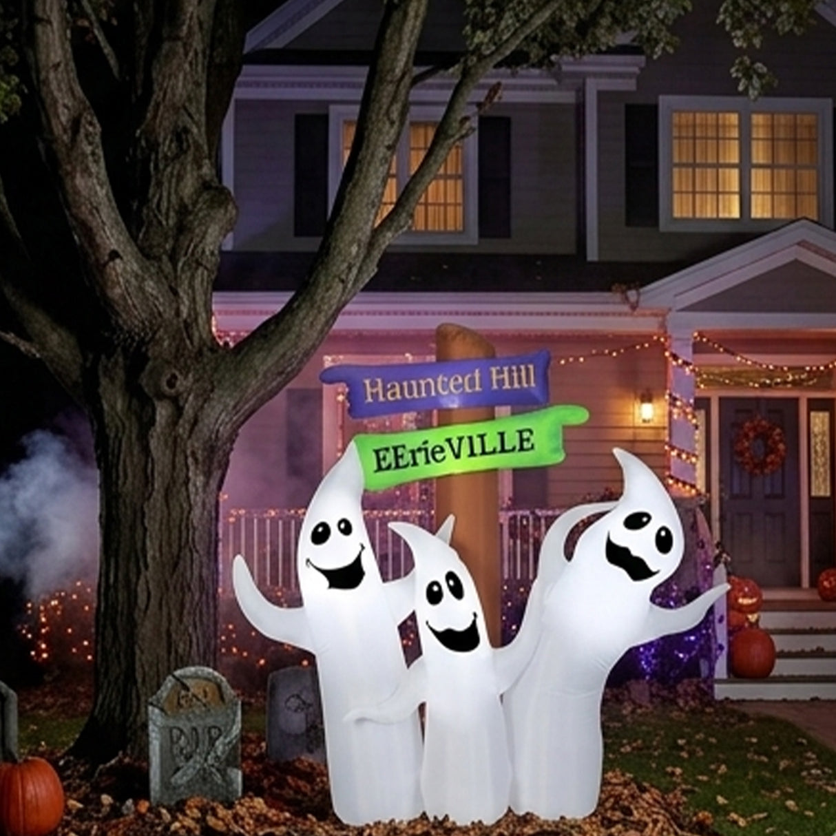 6 ft Halloween Ghost Trio Signpost Inflatable LED Yard Decoration Plug In