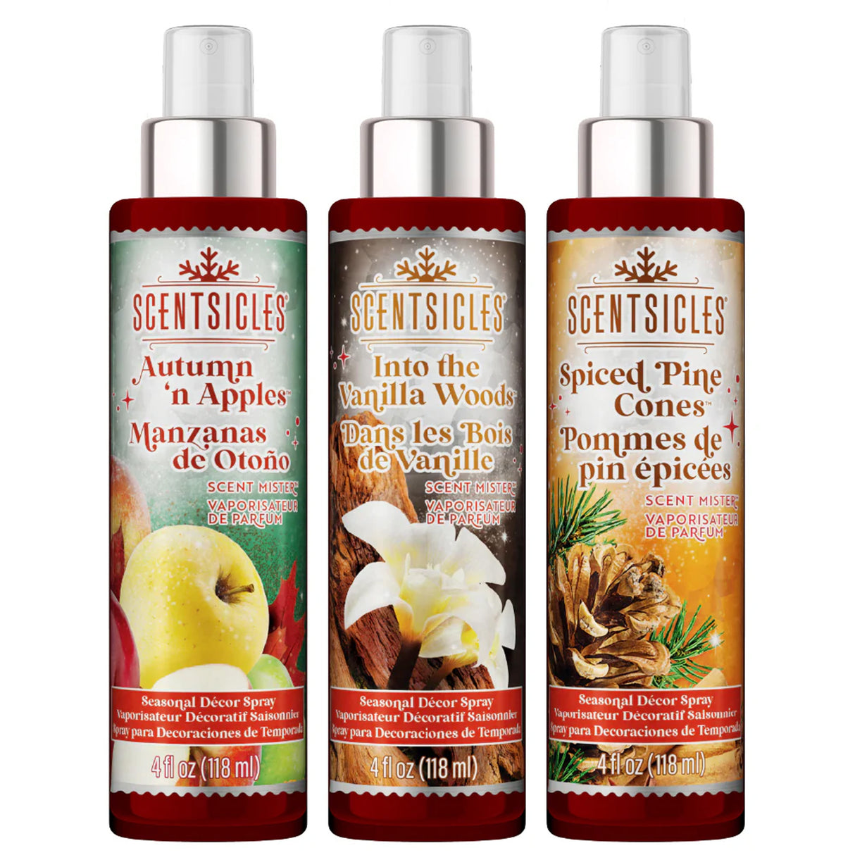 Scentsicles Vanilla Woods Apple Autumn Pine Cones Scent Mister Spray 3 Pack
