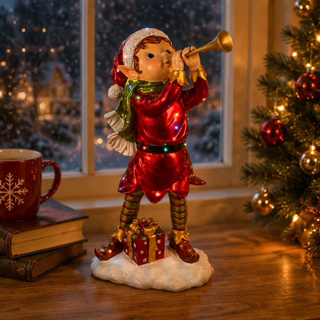 37IN Horn Blowing Pixie Elf Christmas Decoration with Multicolor LED Lights Plug-In