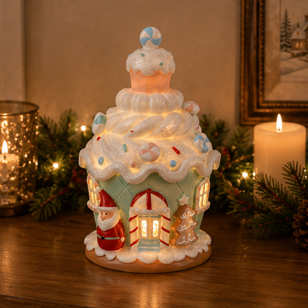 8IN Santa Cake House Figurine with Warm Yellow LED Lights Indoor Christmas Decor