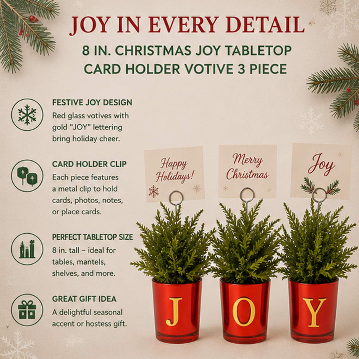 8IN Christmas JOY Tabletop Card Holder Votive Set of 3