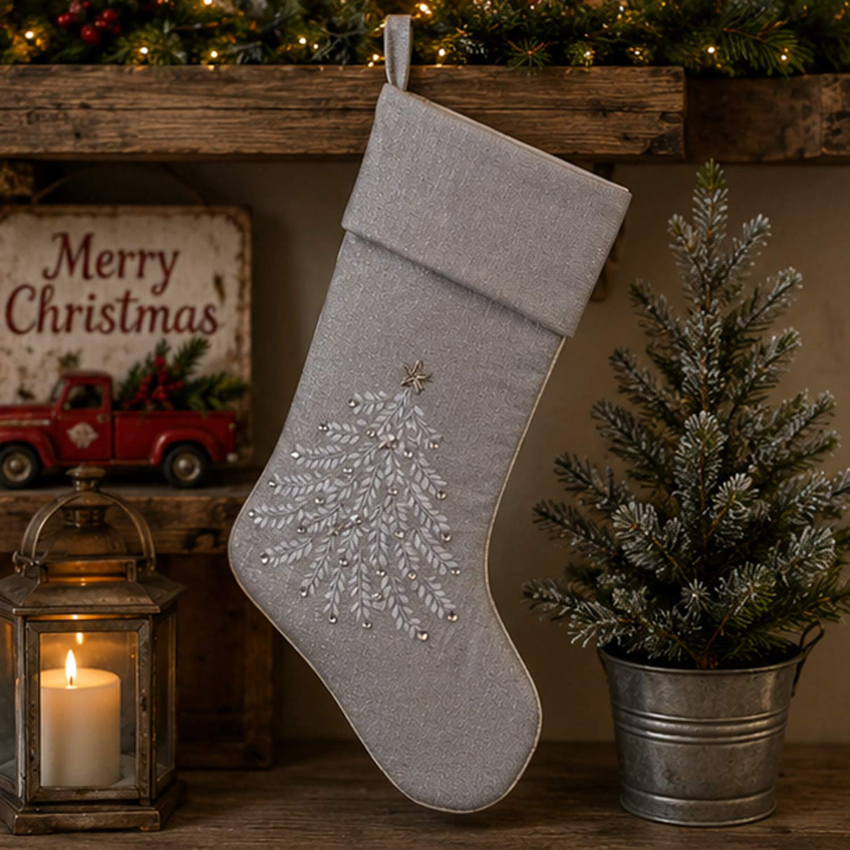 19IN Silver Christmas Stocking with Tree Embroidery Design