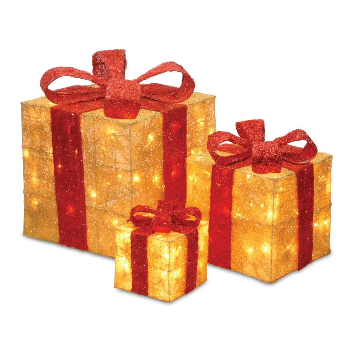 Pre-Lit Gold Gift Boxes Set of 3 with Red Bows 105 White Lights Christmas Decor Plug-In