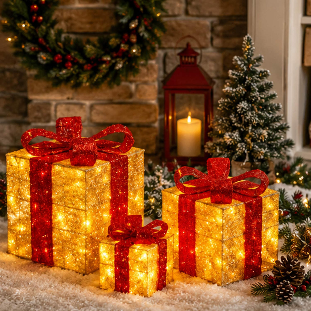 Pre-Lit Gold Gift Boxes Set of 3 with Red Bows 105 White Lights Christmas Decor Plug-In