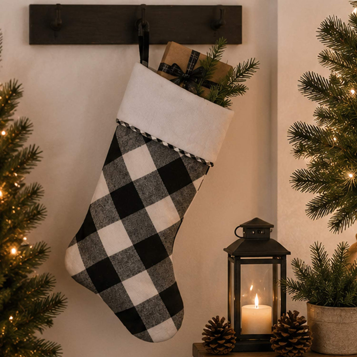 19IN General Store Collection Black & White Plaid Christmas Stocking