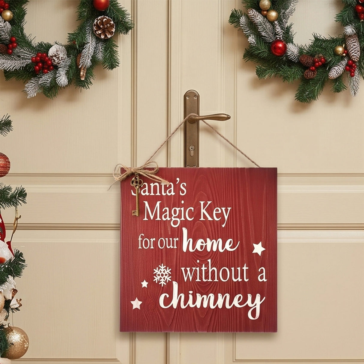 10IN Santa’s Magic Key Christmas Door Sign Red Wall Decor
