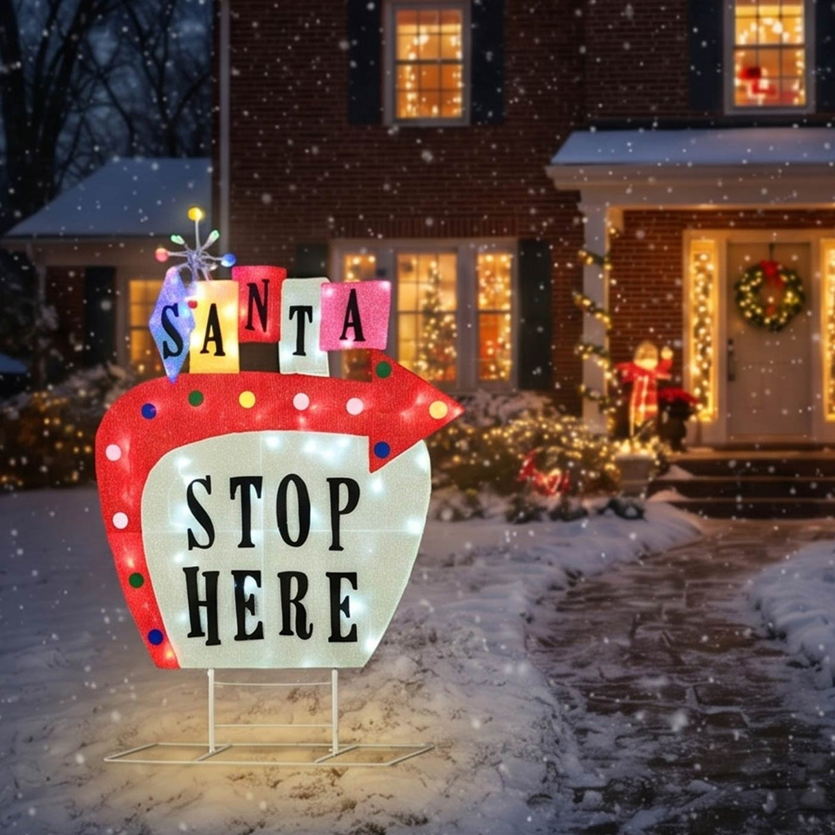 50IN Pre-Lit Vintage Vegas Santa Stop Here Sign LED Christmas Decor