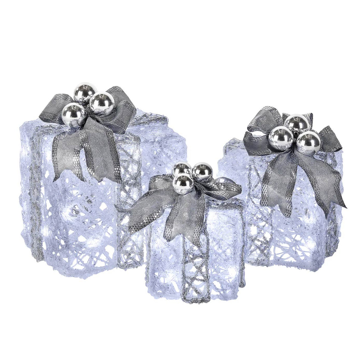 Pre Lit White Gift Box Set with Silver Bow LED Decoration