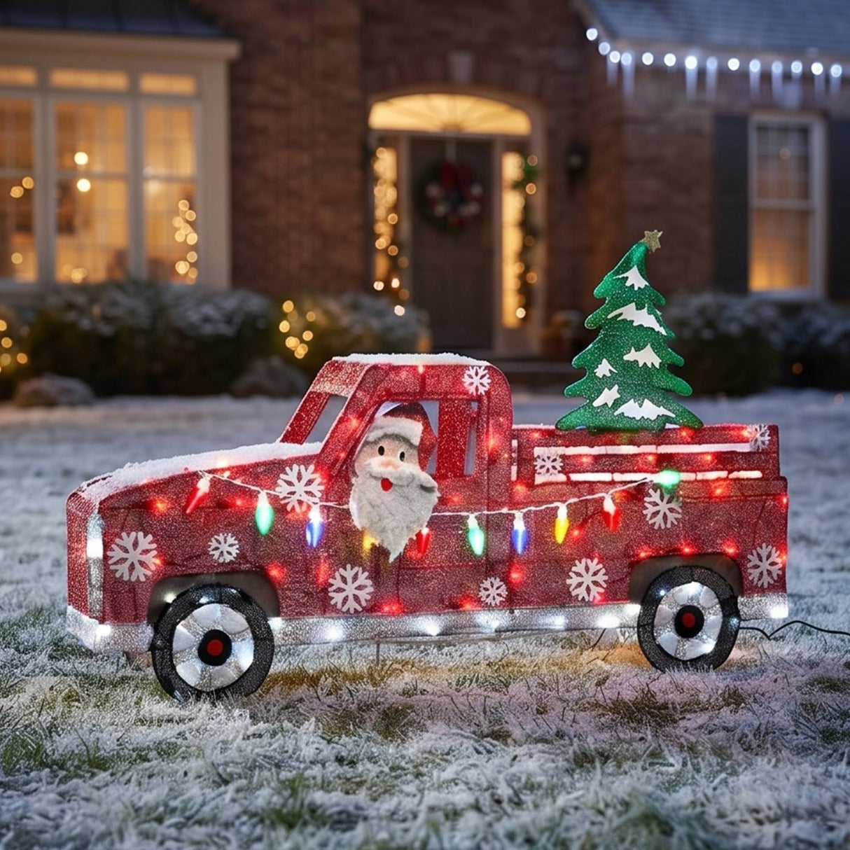 27IN Pre Lit Santa in Red Truck with Multicolor LED Lights