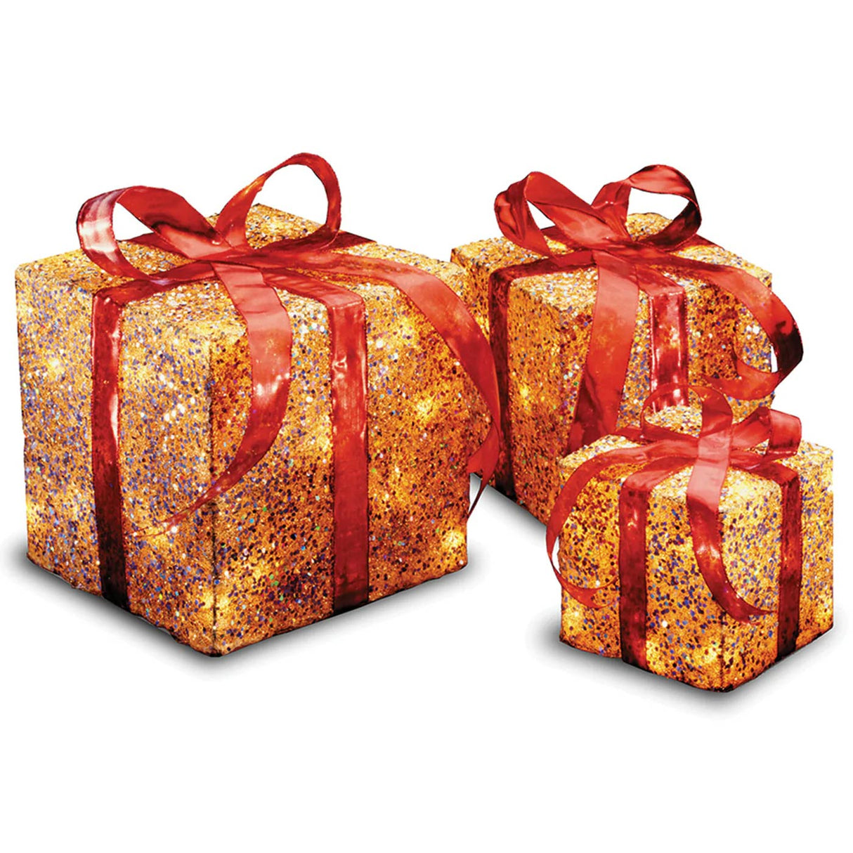 Pre Lit Gold Gift Box Set of 3 with Red Bow LED Decoration