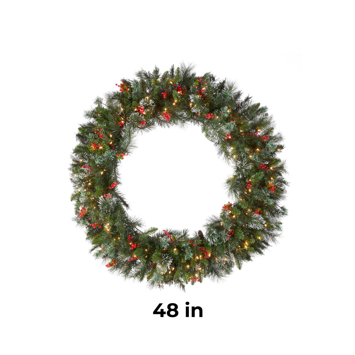 Pre-Lit 48 in. Wintry Pine Christmas Wreath with 200 Clear Lights, Plug-In Snow Dusted Holiday Door Decor