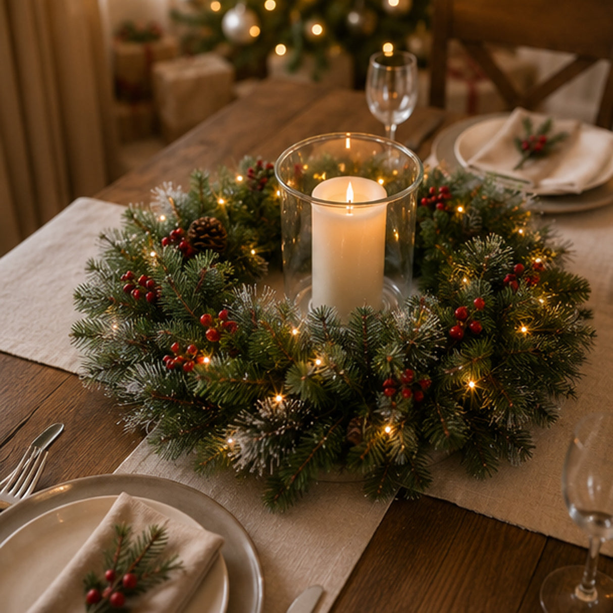 Pre-Lit Crestwood Spruce Wreath with Warm White LED Lights, 30 Inch