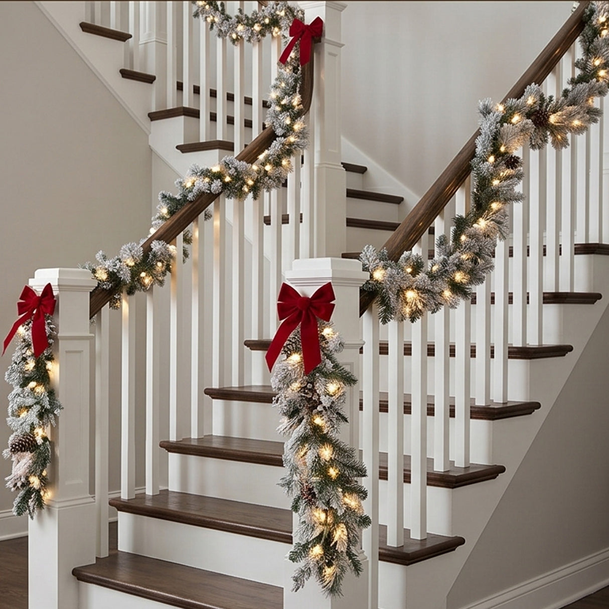 Pre-Lit Snowy Bedford Pine Garland with Warm White LED Lights, 9 Foot