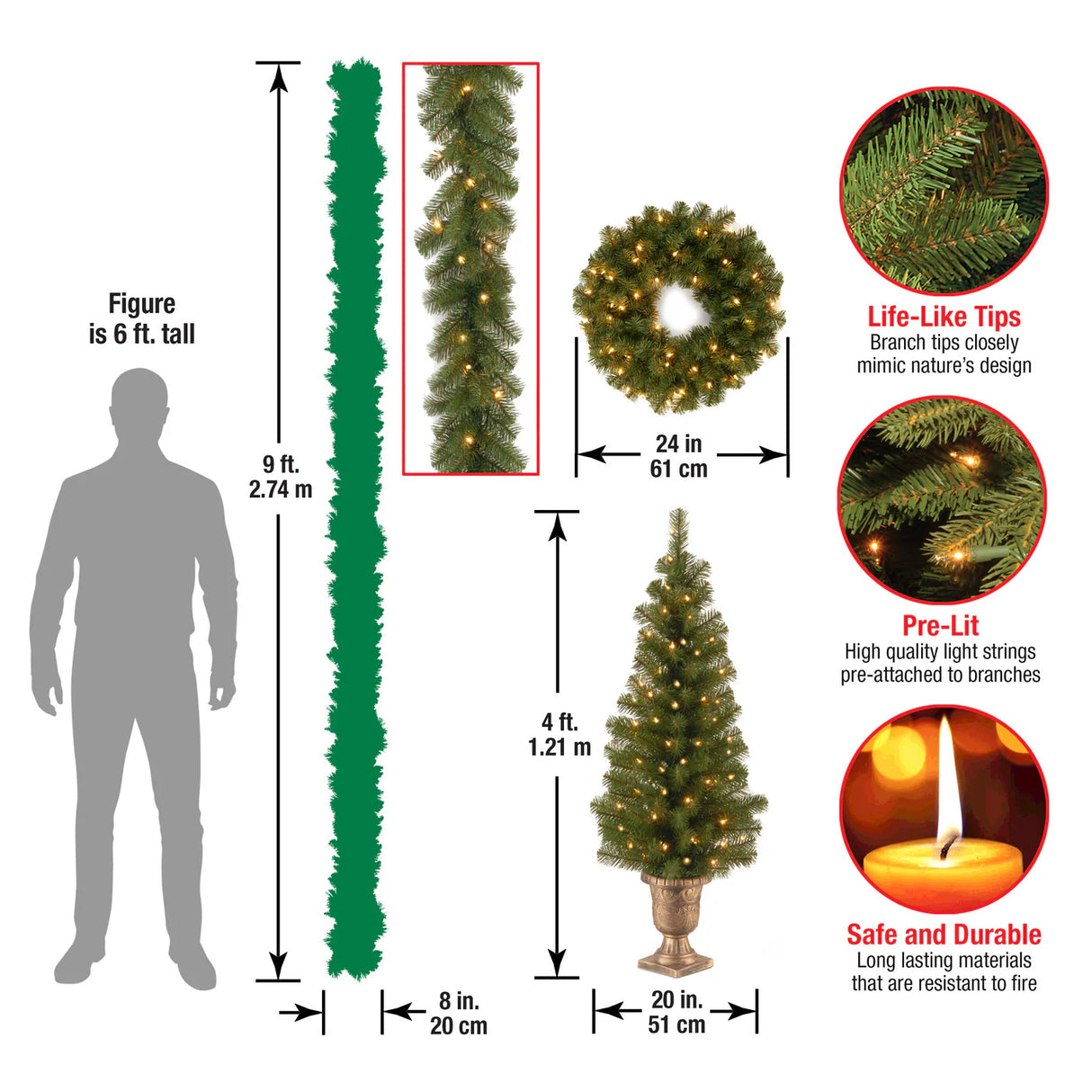 Pre-Lit Evergreen Assortment Set with 2 Entrance Trees, Wreath, and Garland