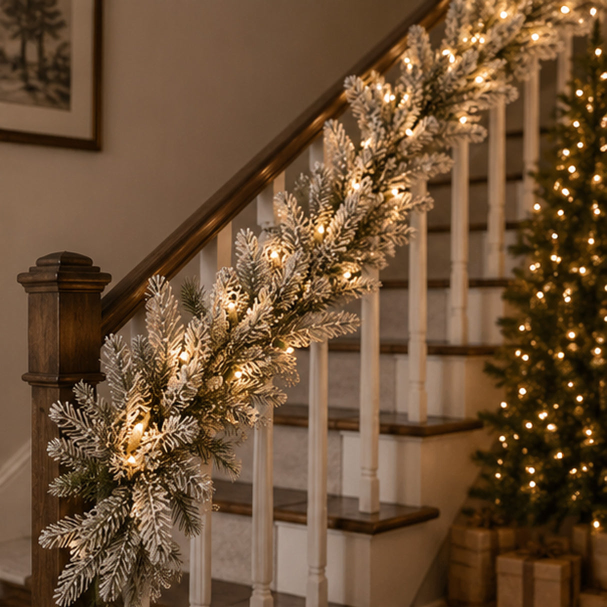 Pre-Lit Snowy Sheffield Spruce Garland with Clear Lights, 9ft Holiday Decor