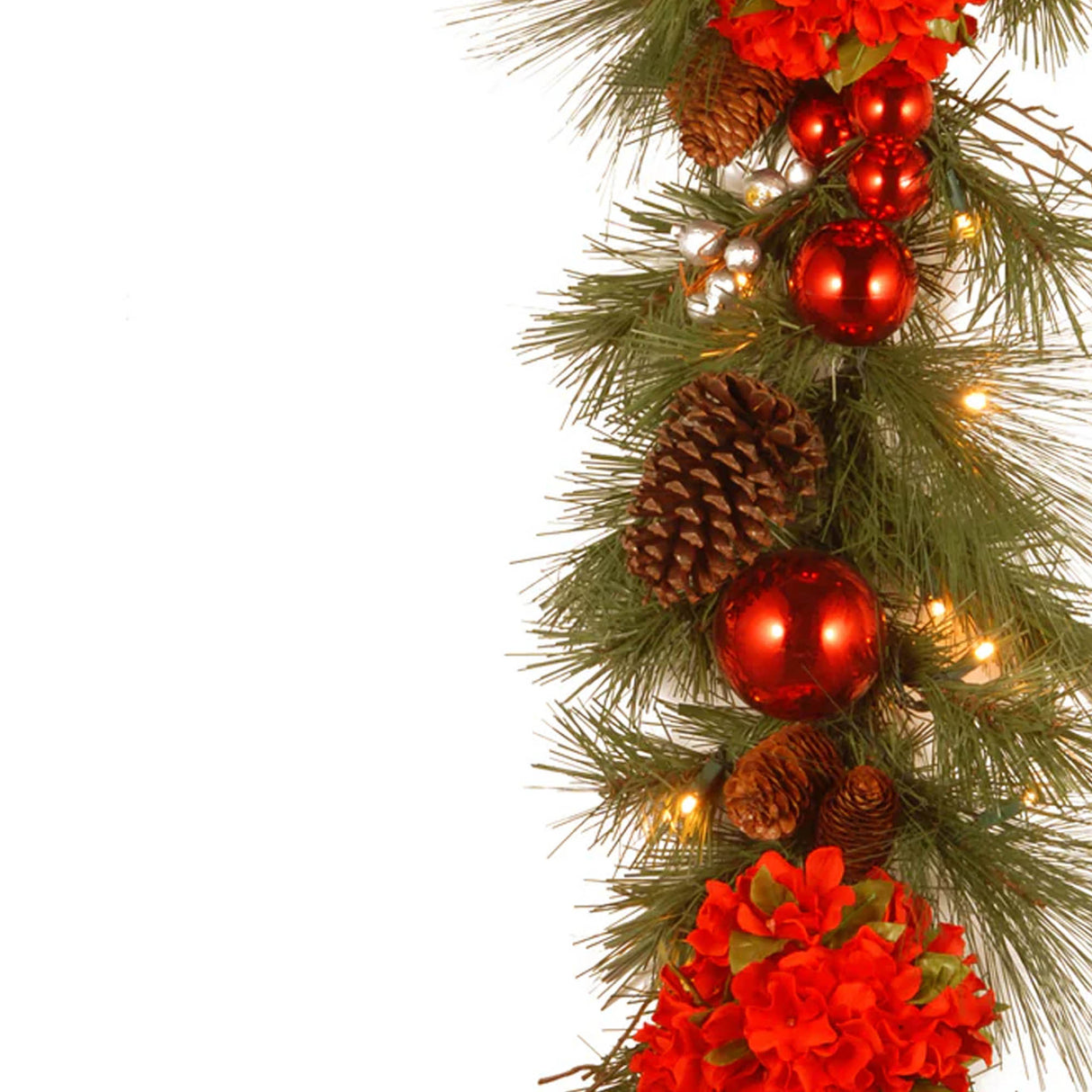 Pre-Lit Hydrangea Pine Christmas Garland with Warm White LED Lights, 9 Foot