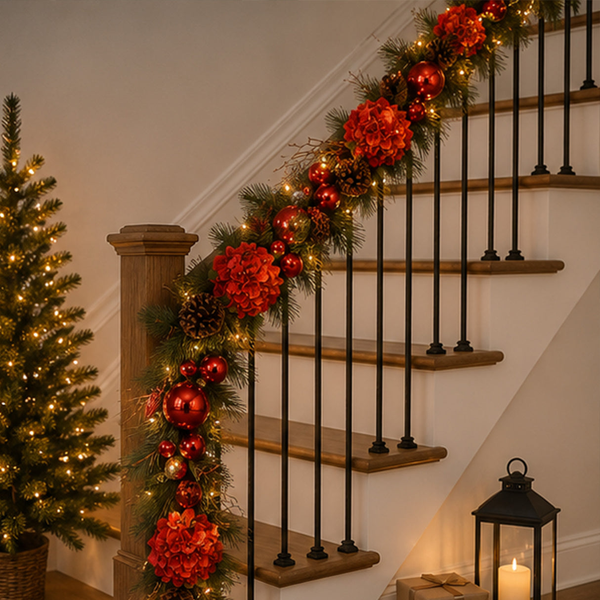 Pre-Lit Hydrangea Pine Christmas Garland with Warm White LED Lights, 9 Foot
