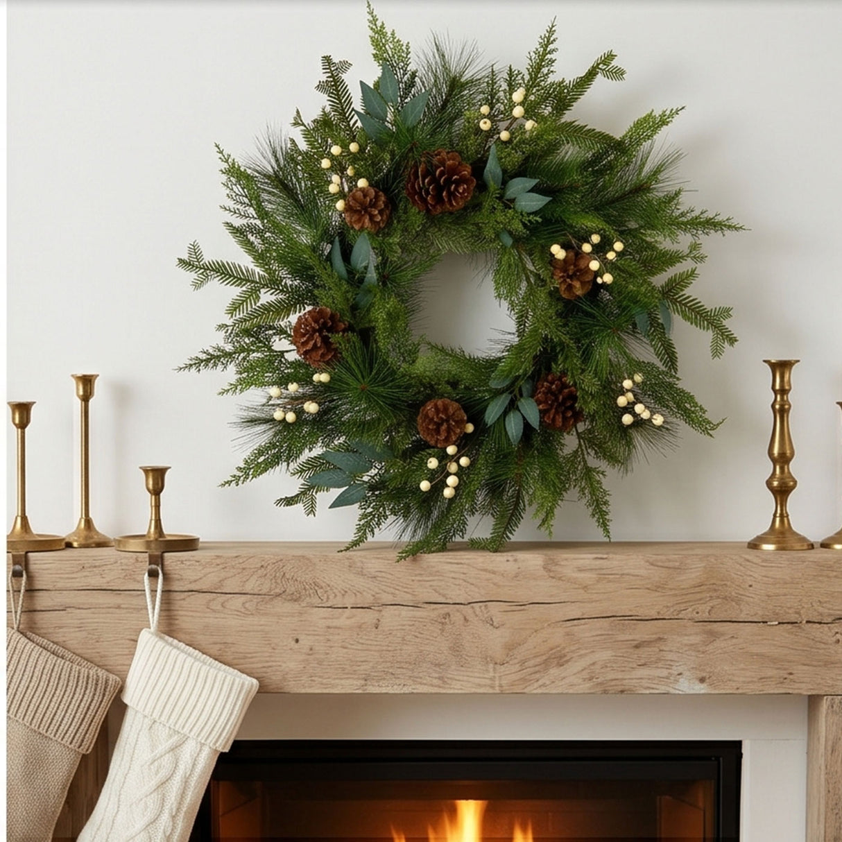 Inspired by Nature Christmas Wreath with White Berries & Pinecones, 24 Inch