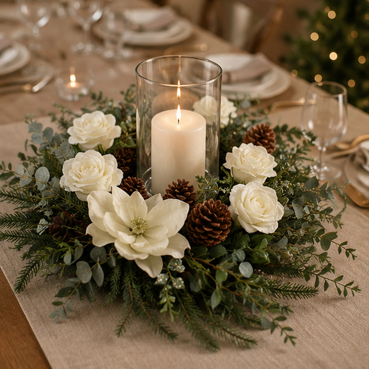 26in Mixed Greens Christmas Wreath with White Flowers & Pinecones