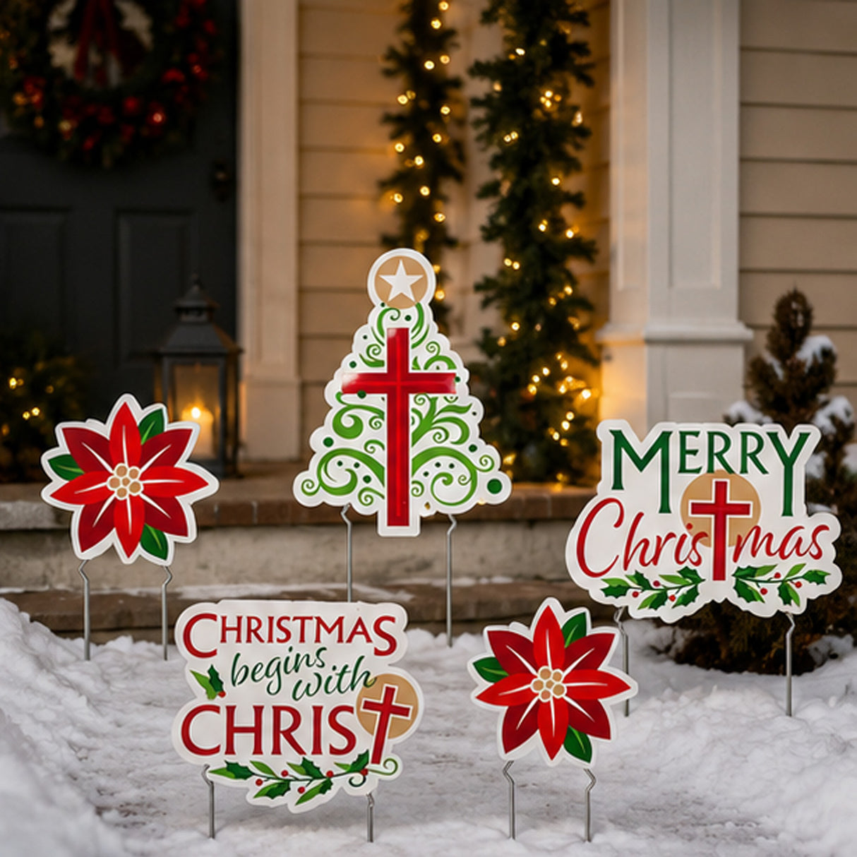 Religious Christmas Yard Sign Set Cross & Poinsettia 5 Pc