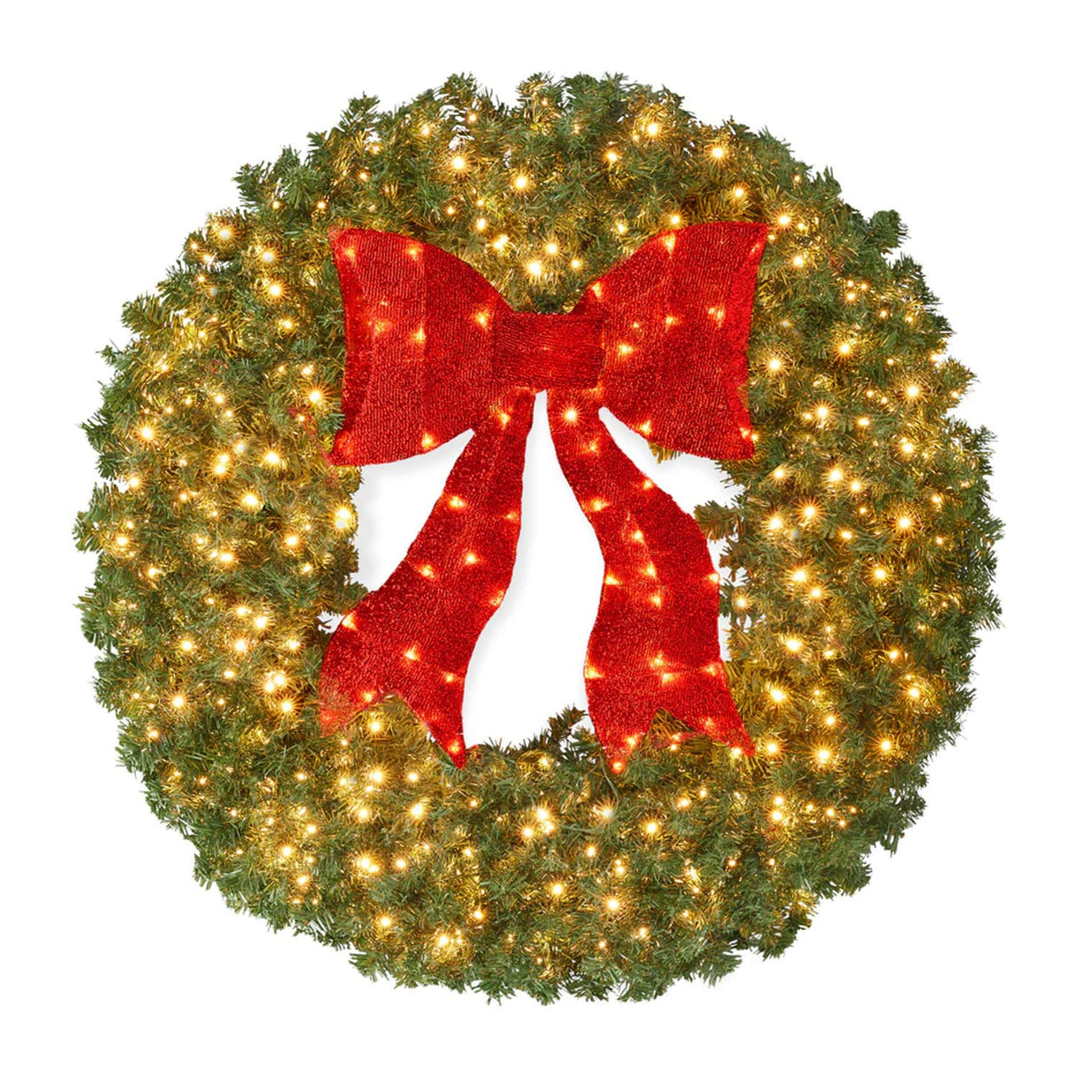 Pre Lit Artificial Fir Christmas Wreath with Red Bow LED Lights