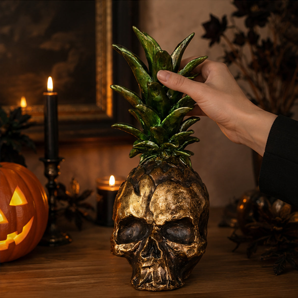 14 in. Halloween Pineapple Skull Tabletop Decoration