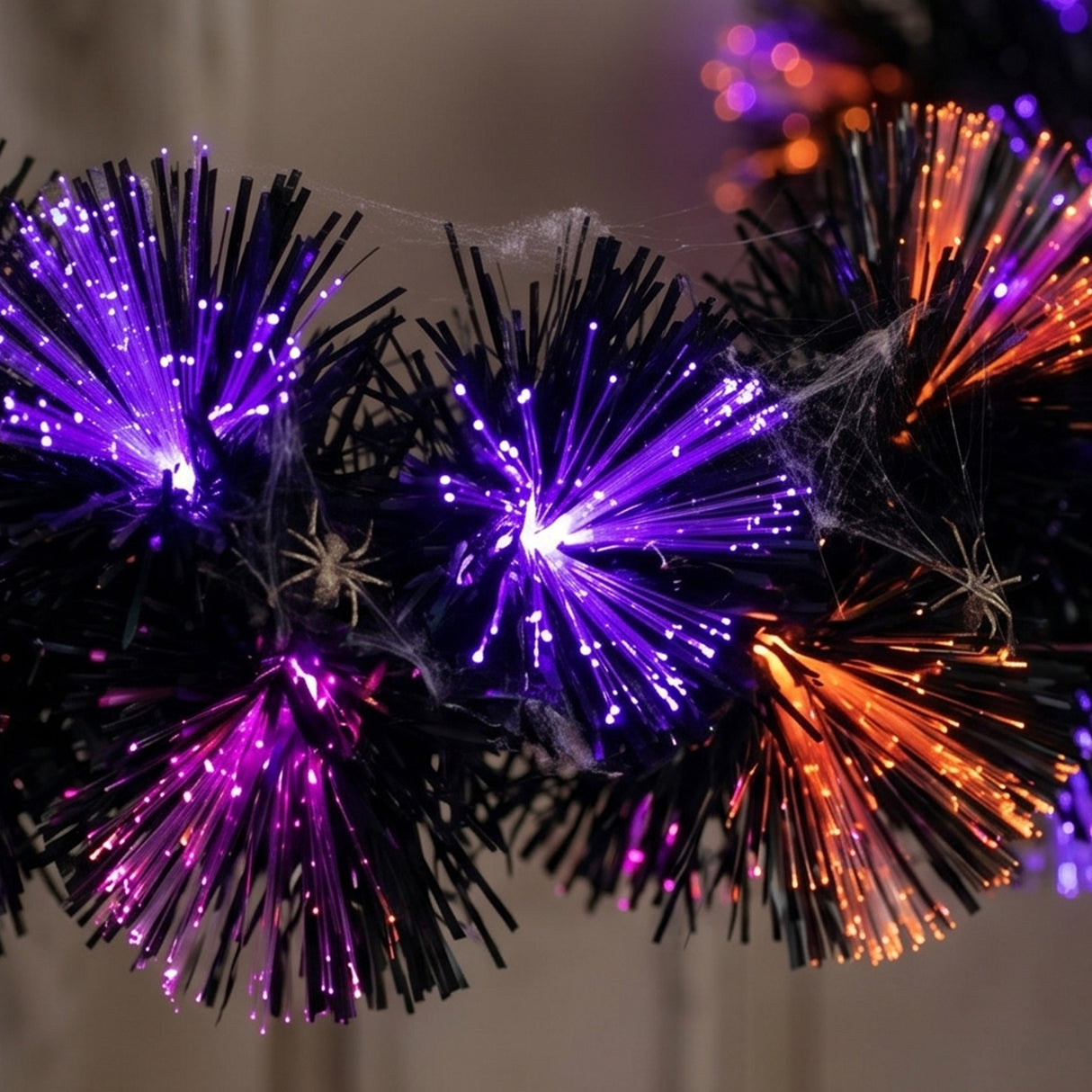 9 ft. Halloween Black Fiber Optic Garland with Purple and Orange Lights Plug-In