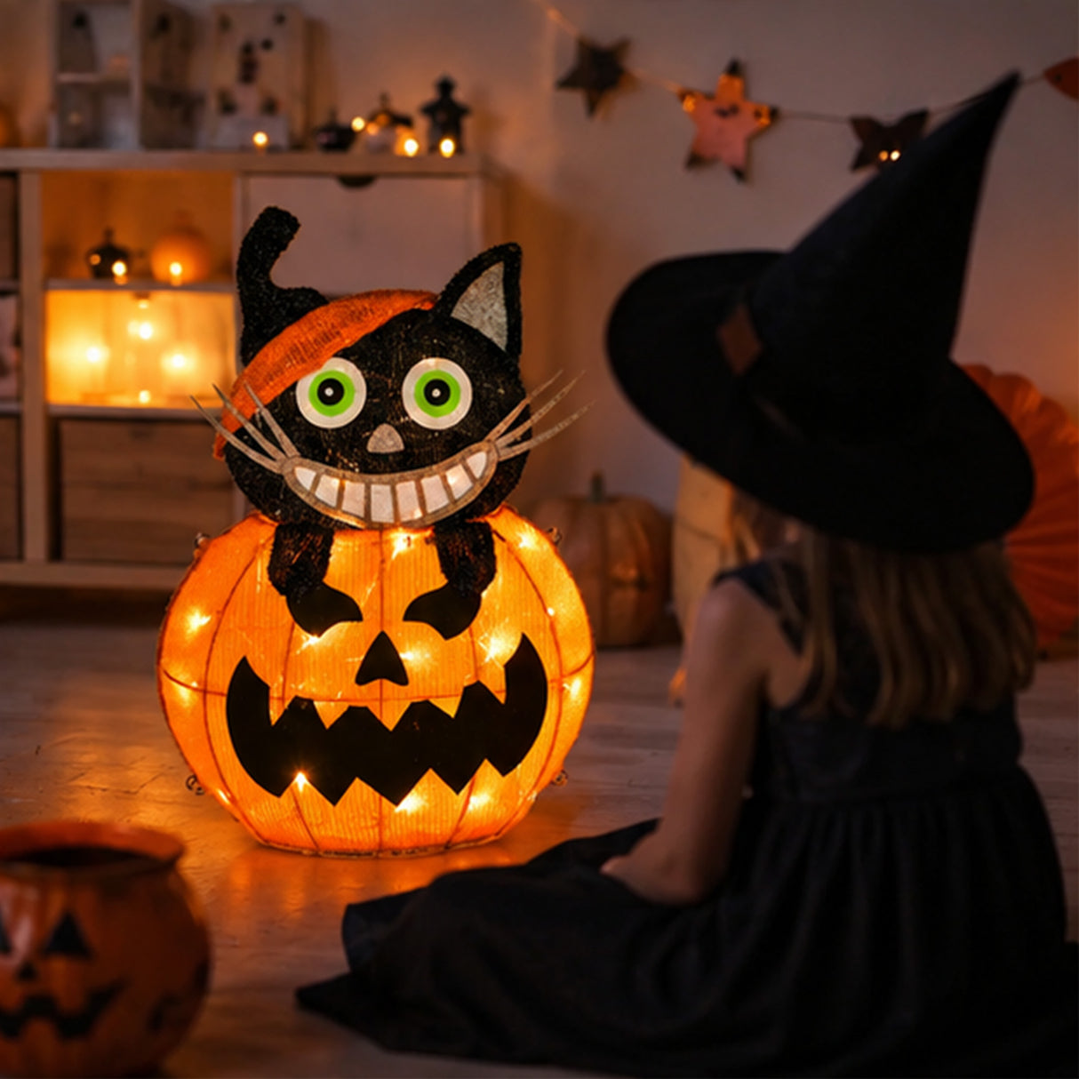 23 in. Halloween Pre-Lit Pumpkin and Black Cat Lighted Sign Decoration with LED Lights
