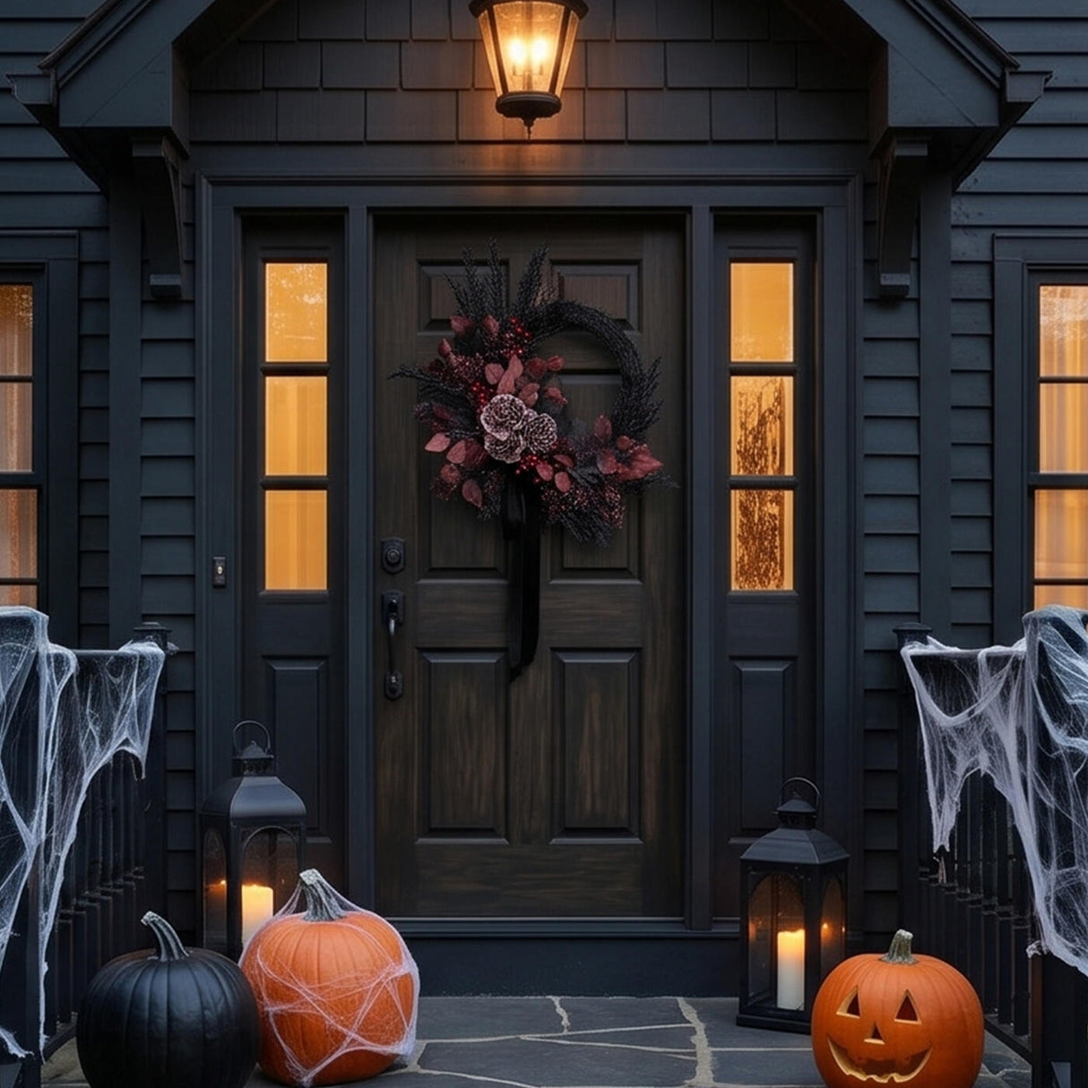 24 in. Halloween Red Widow Wreath with Black Ribbon