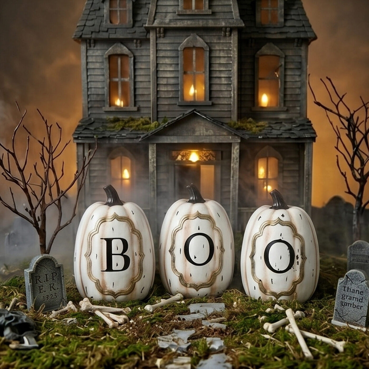 13 in White Pumpkin BOO Sign Halloween Tabletop Decor Set