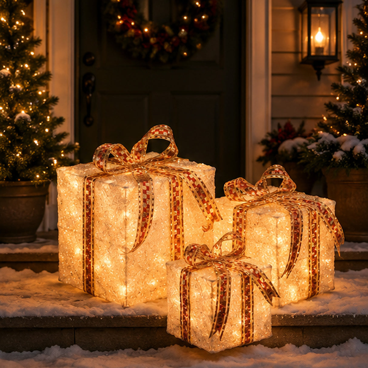 Pre-Lit White and Gold Christmas Gift Boxes Set of 3 with Clear Lights Plug-In