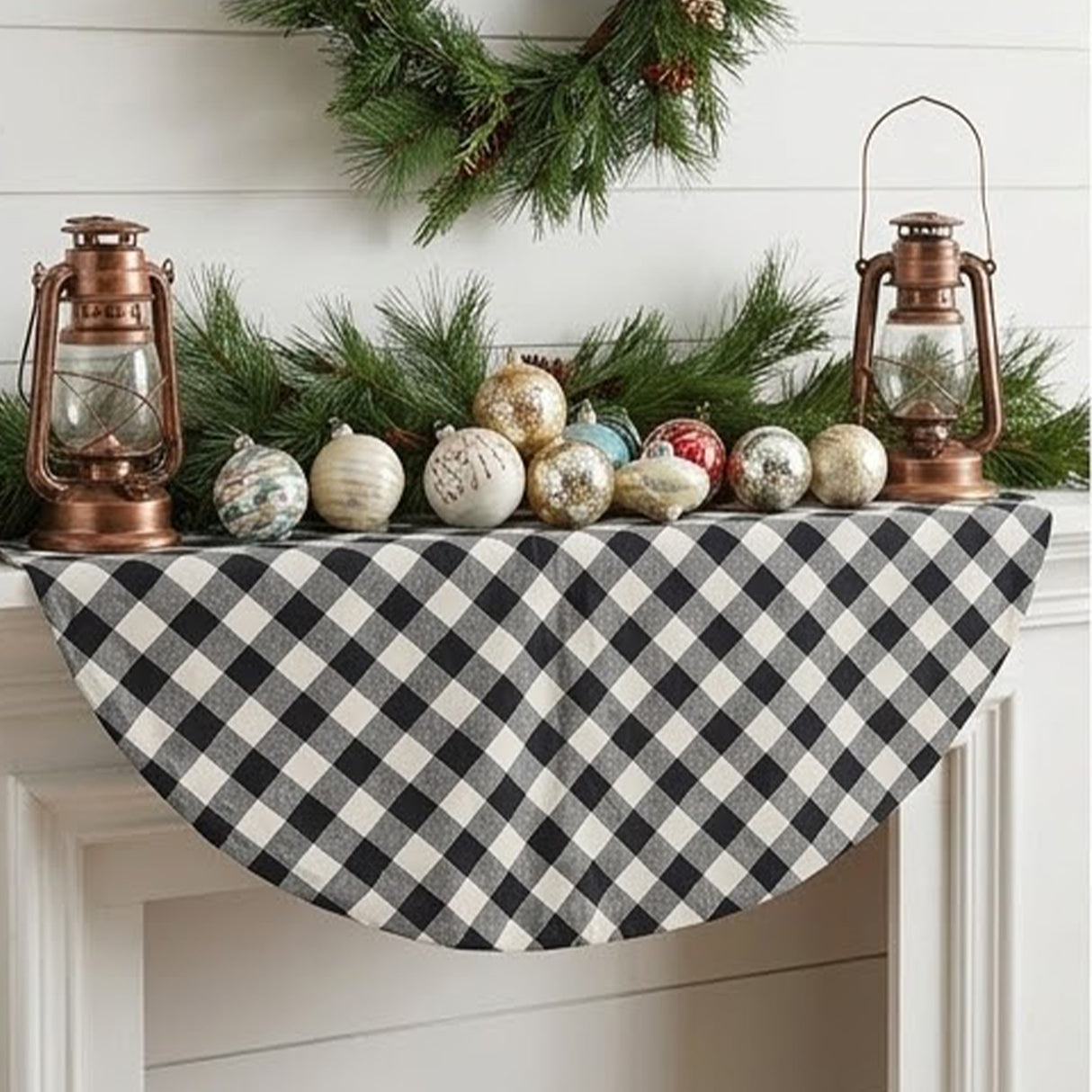 52IN Black White Plaid Christmas Tree Skirt with Pom Pom Ties