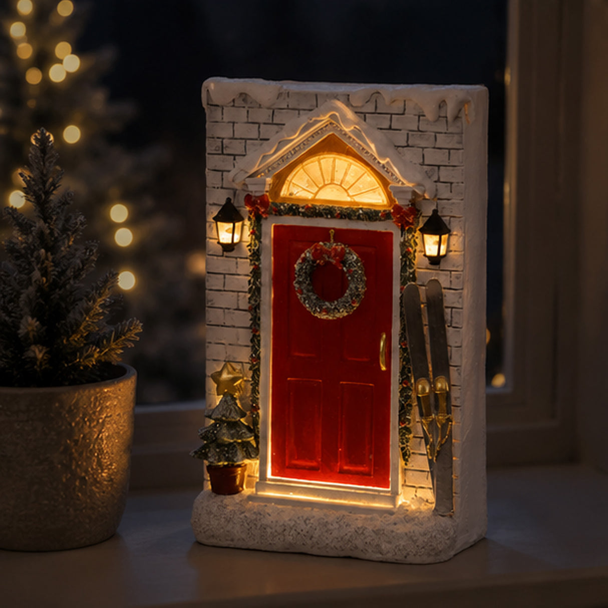 10IN Holiday Door Front Figurine with Warm White LED Lights Indoor Christmas Decor