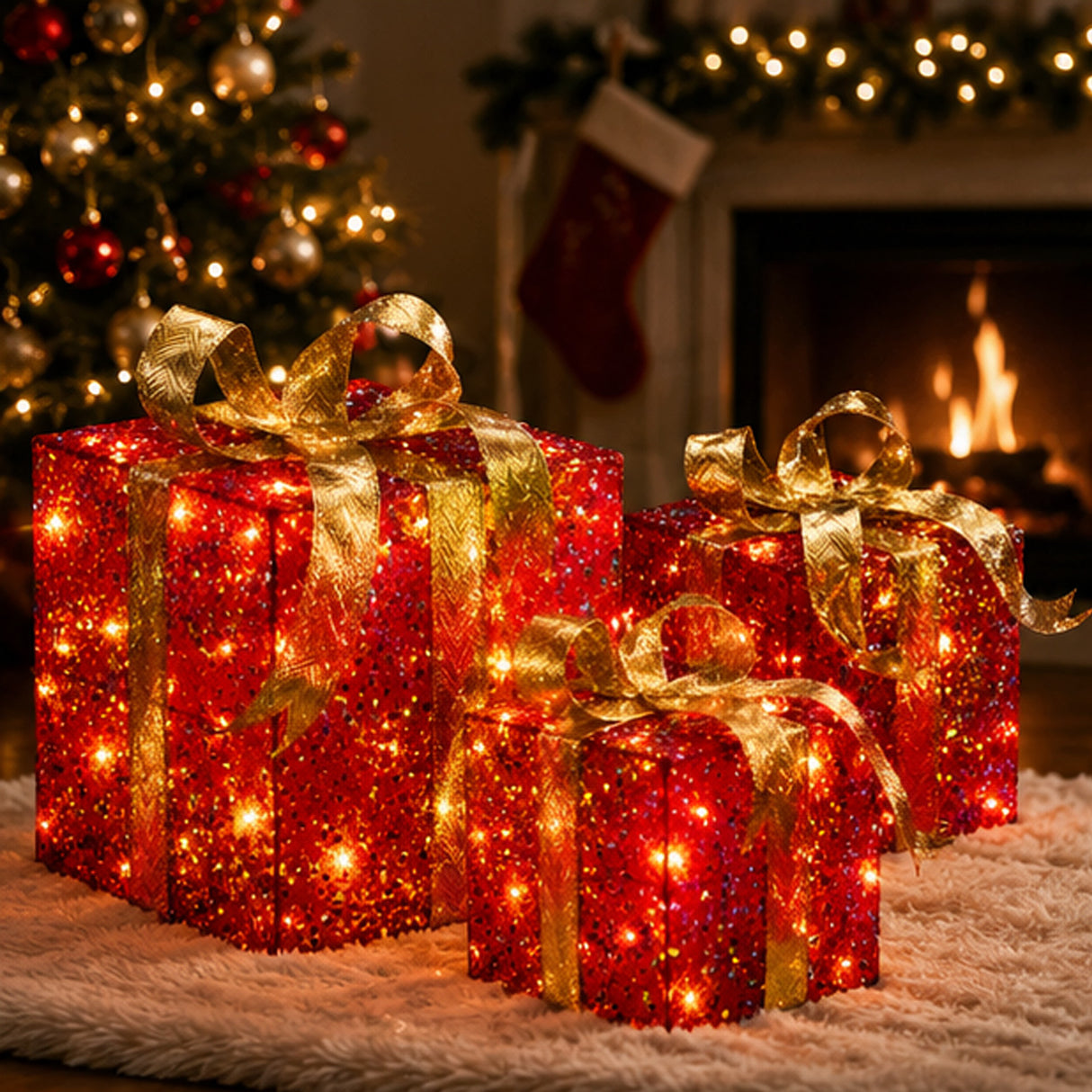 Pre-Lit Red Sparkle Christmas Gift Boxes Set of 3 with Gold Bows Plug-In Lights