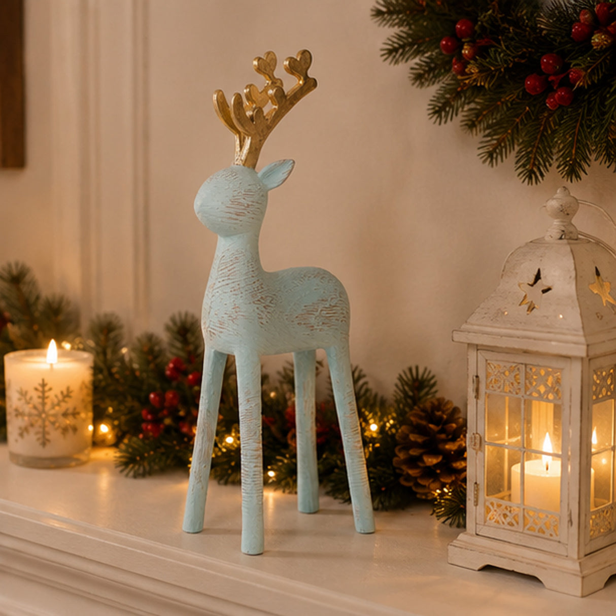 9IN Woodgrain Reindeer Figurine Blue with Gold Antlers Indoor Holiday Decor
