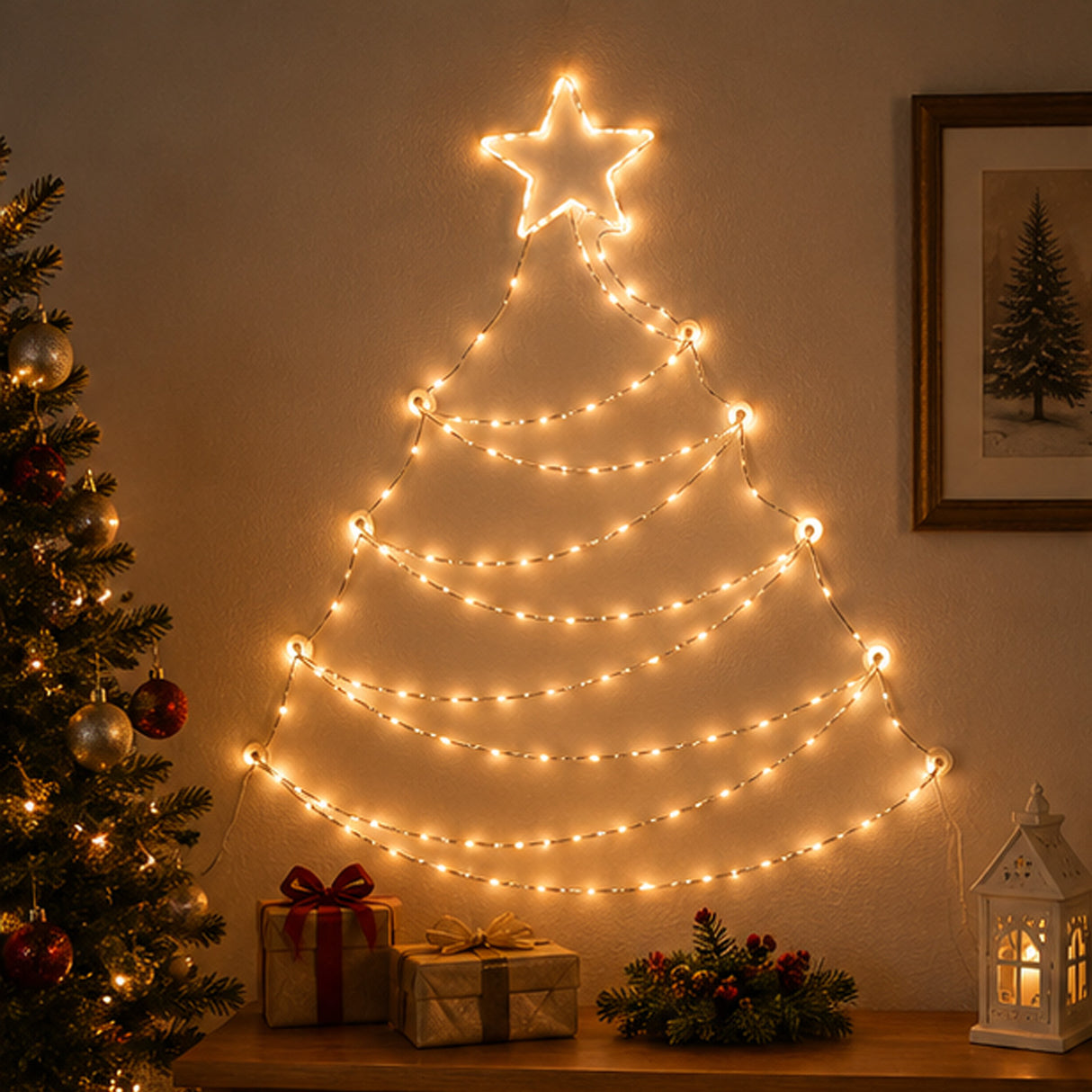 37IN Pre-Lit Hanging Silver Metal Wire Christmas Tree with Warm White LED Lights & Timer