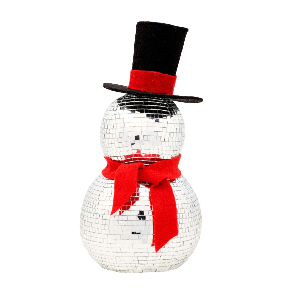 12IN Disco Snowman Figurine with Red Scarf & Black Top Hat Mirror Ball Christmas Decor