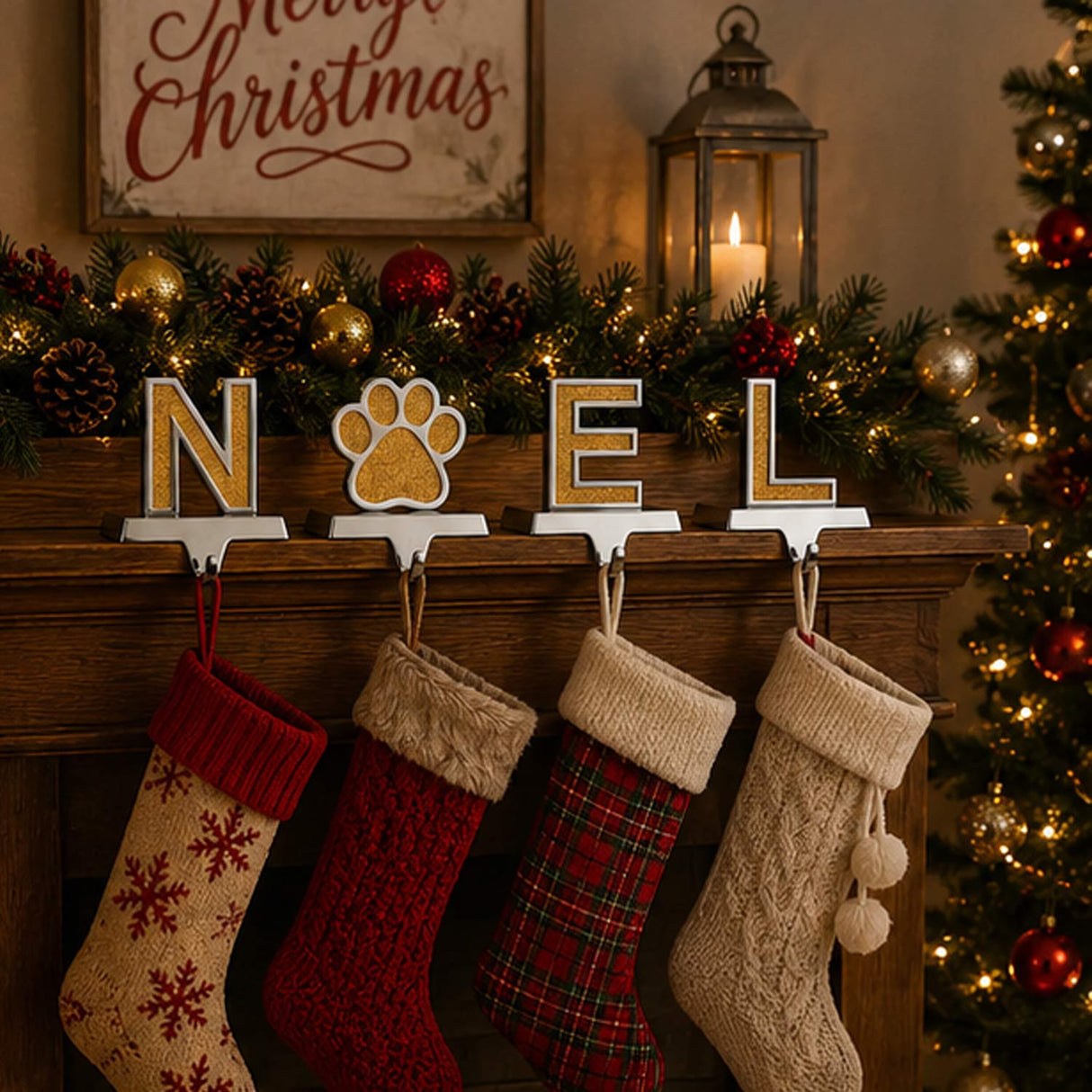 5IN 4-Piece Gold Sparkle NOEL Paw Print Stocking Holders